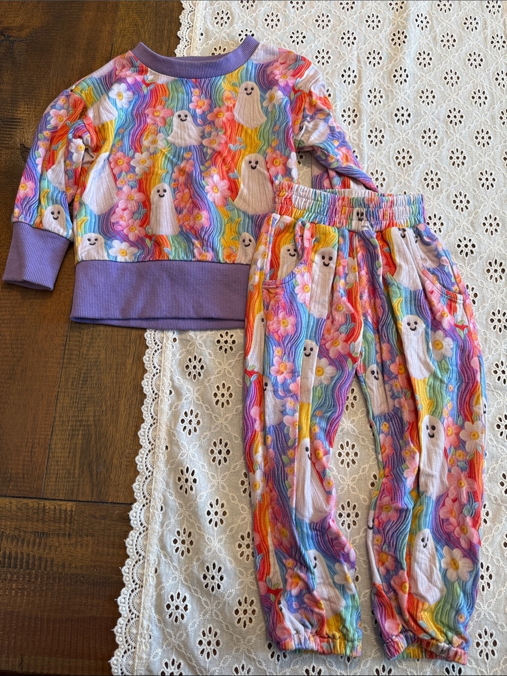 Kids Rainbow Ghost & Flower Pajama Set - Lavender Trim
